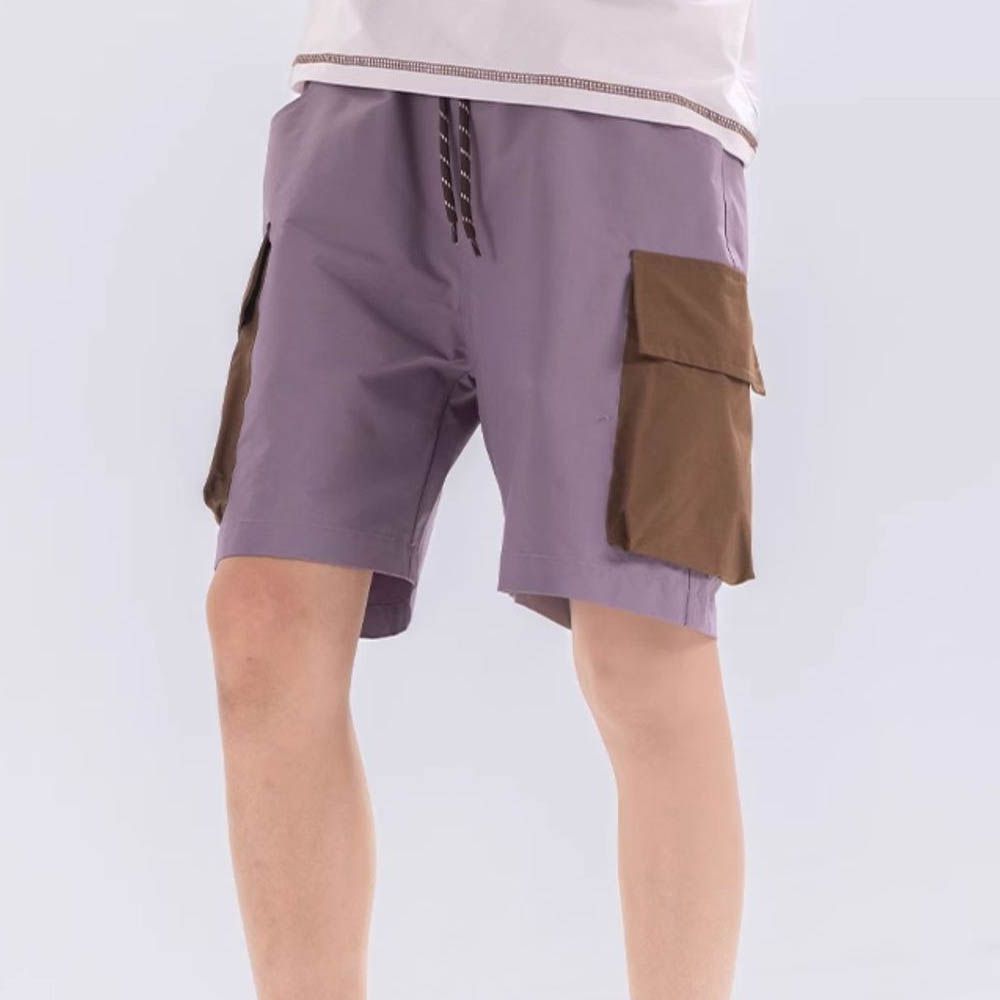 原紗防曬腰鬆緊休閒短褲-拼色口袋-紫色