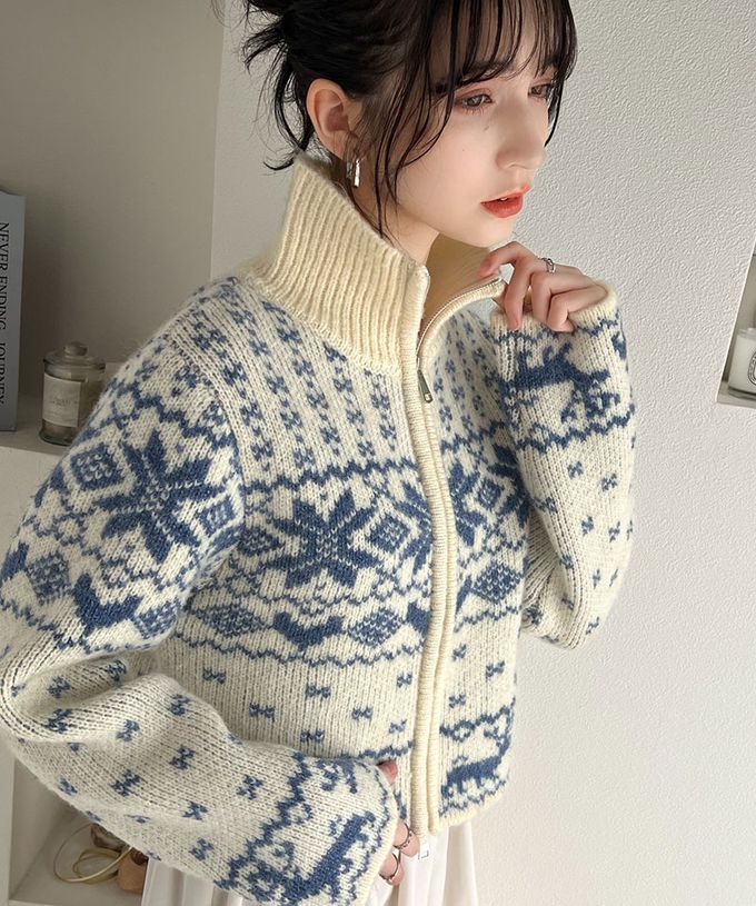 日本 Classical Elf - mily bilet 北歐雪花氛圍短版針織外套-灰x白