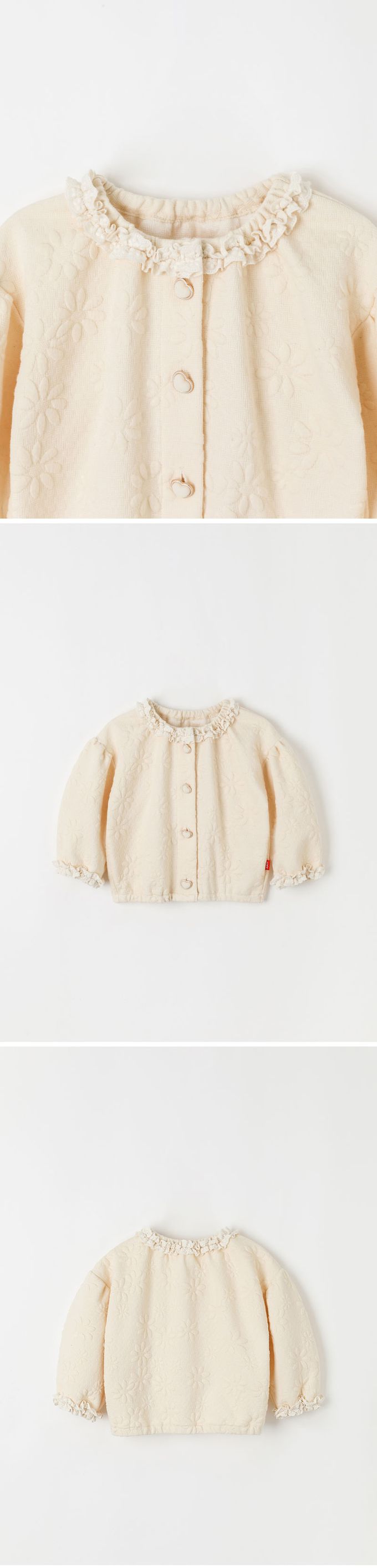 韓國 OZKIZ - 立體花朵印愛心釦縮口外套-米白