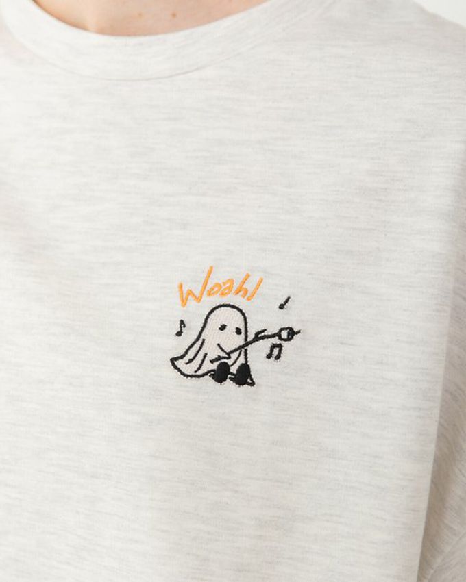 日本 gleam - 俏皮露營幽靈印花寬大風短袖T恤-煙燻藍