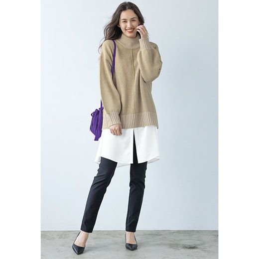 日本 BELLUNA - 高領落肩寬鬆柔軟針織毛衣-素色-暖橘