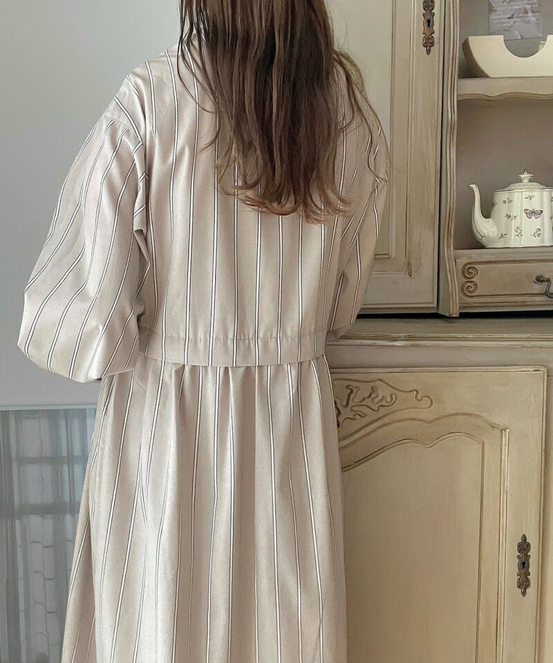 日本 Classical Elf - 修身立領泡泡袖襯衫洋裝-直條紋-海軍藍