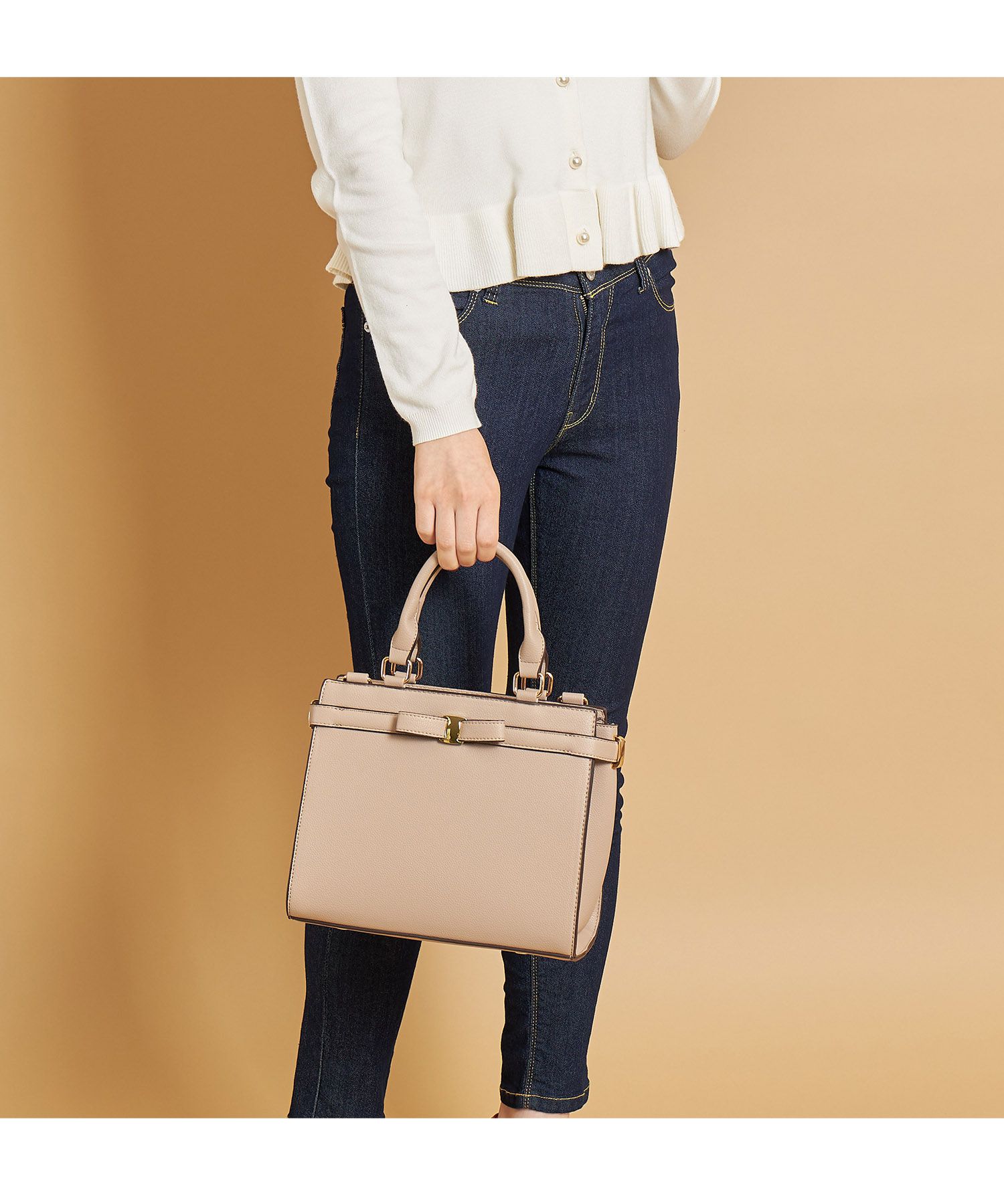 日本 tocco-closet - 蝴蝶結金釦手提包/側背包-氣質杏