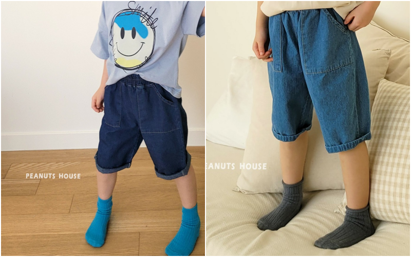 韓國 Peanuts House - 鬆緊腰雙邊大口袋7分牛仔褲-深藍