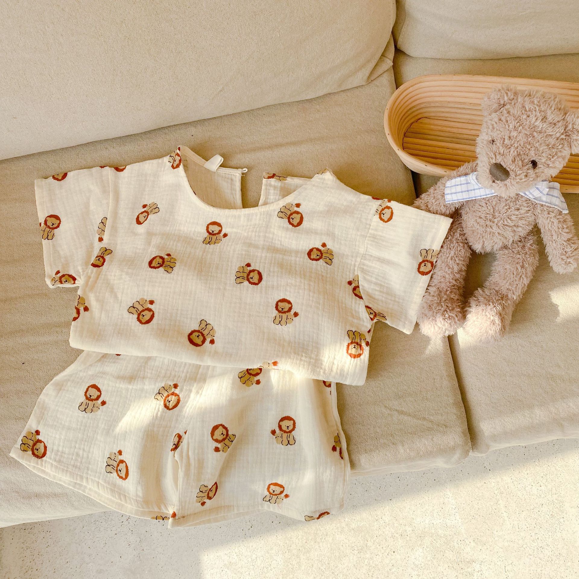 紗布棉短袖家居服套裝-小碎花-奶油色