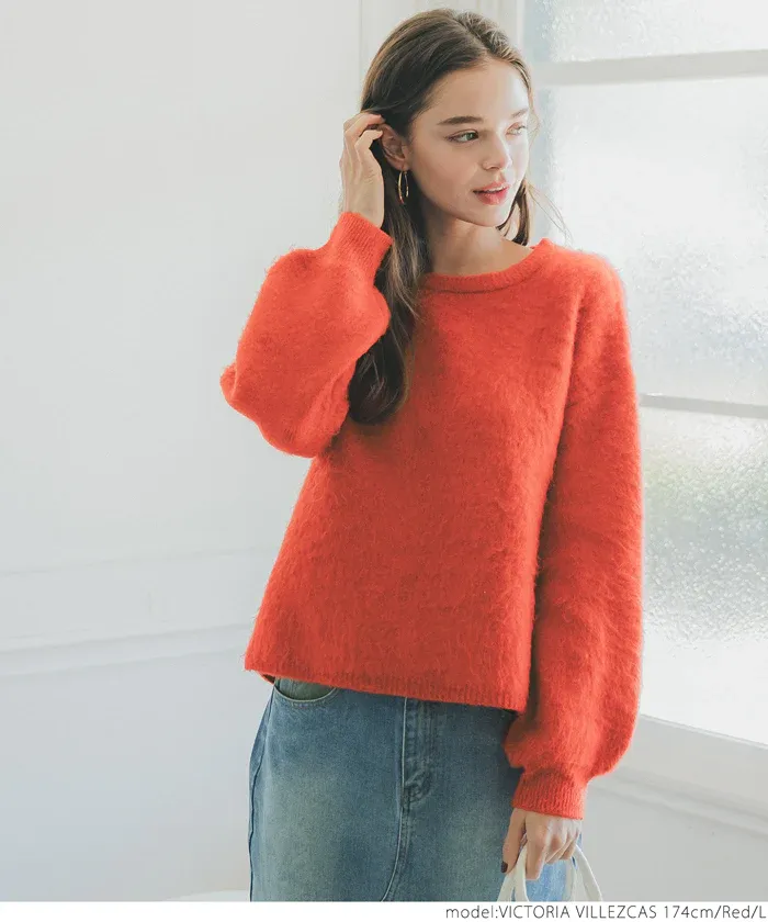日本 COCA - 溫柔毛絨感圓領長袖針織上衣-橘紅