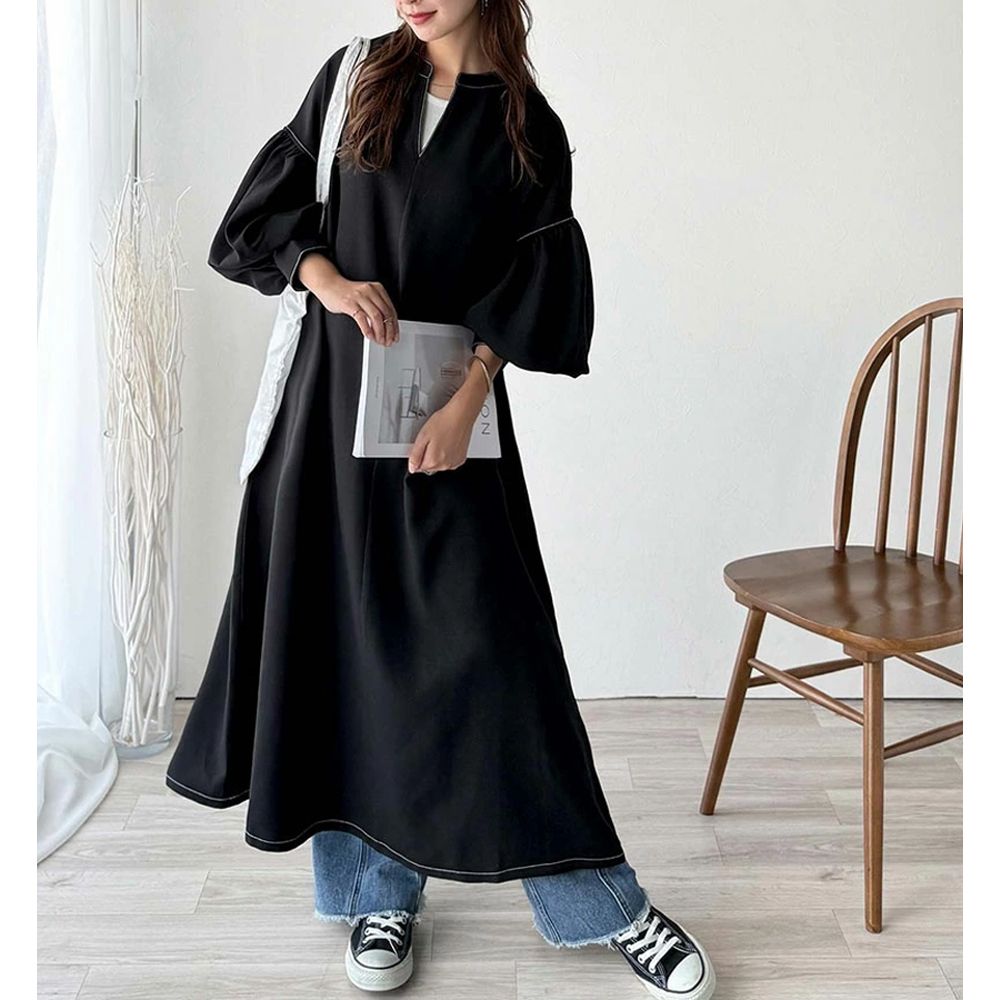 鑰匙領氣質澎澎腰綁帶長袖洋裝-黑