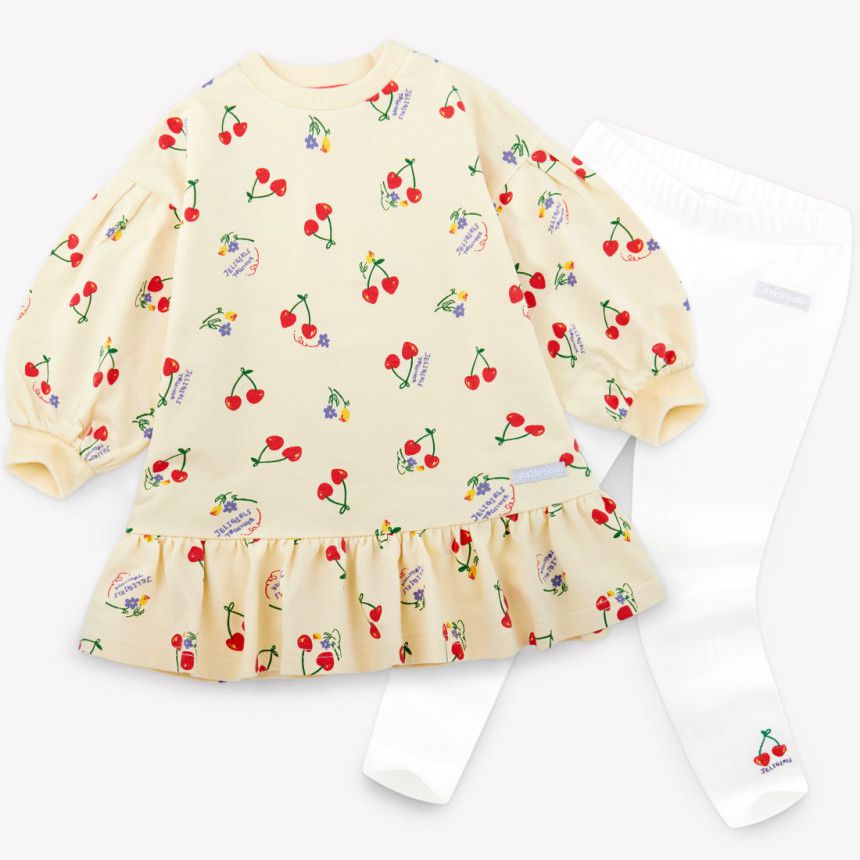 韓國 Jelispoon - 滿版櫻桃泡泡袖套裝