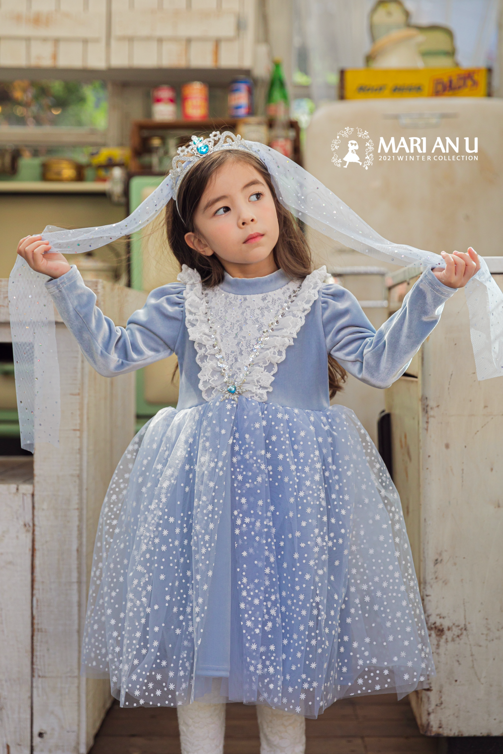 韓國 Mari an u - 雪的女王網紗洋裝-藍