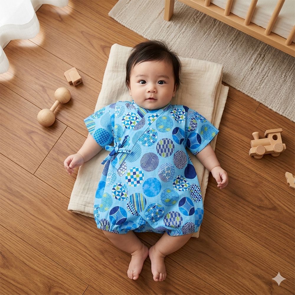 甚平包屁衣-圓形和風圖案-淺藍色