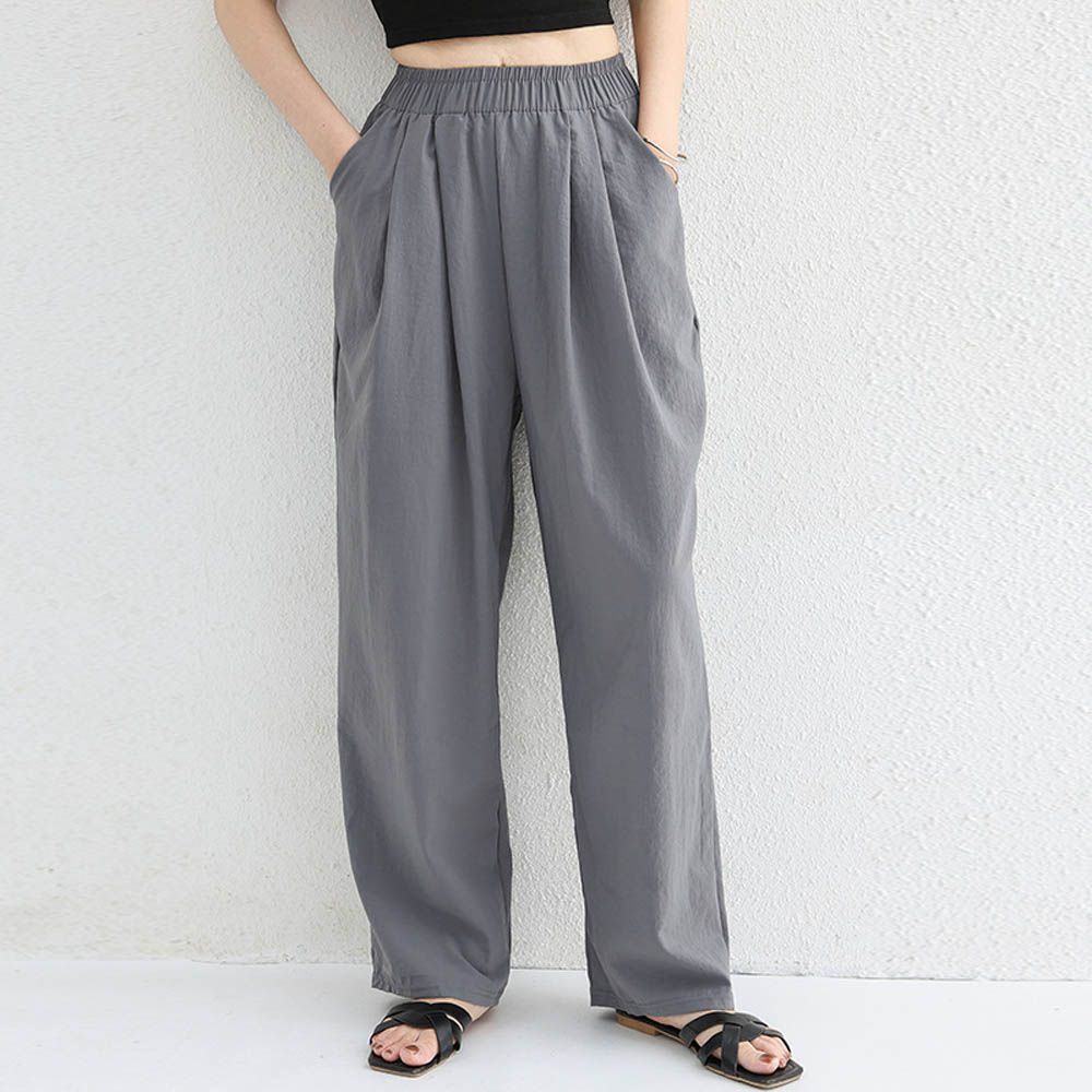 高腰修身微寬鬆落地長褲-灰色