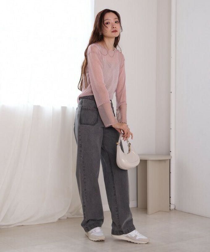 日本 Bab - 亮麗光澤歐根紗拼接透膚薄長袖上衣-淺卡其