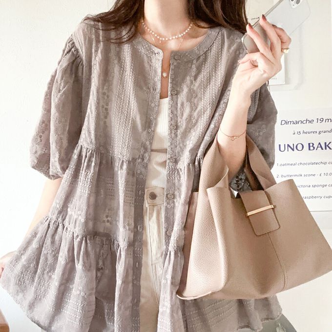 日本 Classical Elf - 3WAY刺繡雕花廓形短袖襯衫-白