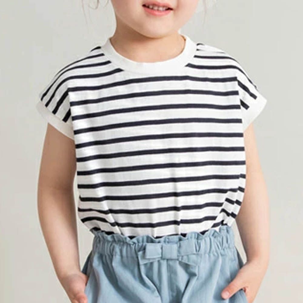 率性女孩法式袖上衣-條紋-白底