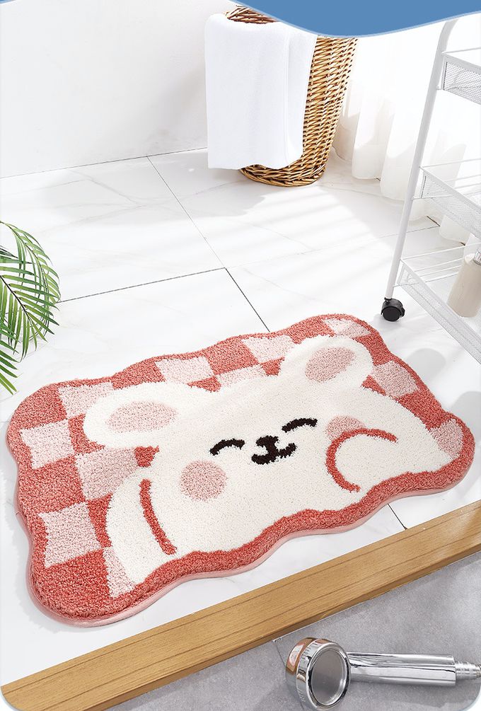 快速吸水植絨浴室腳踏墊-格紋青蛙-藍+白