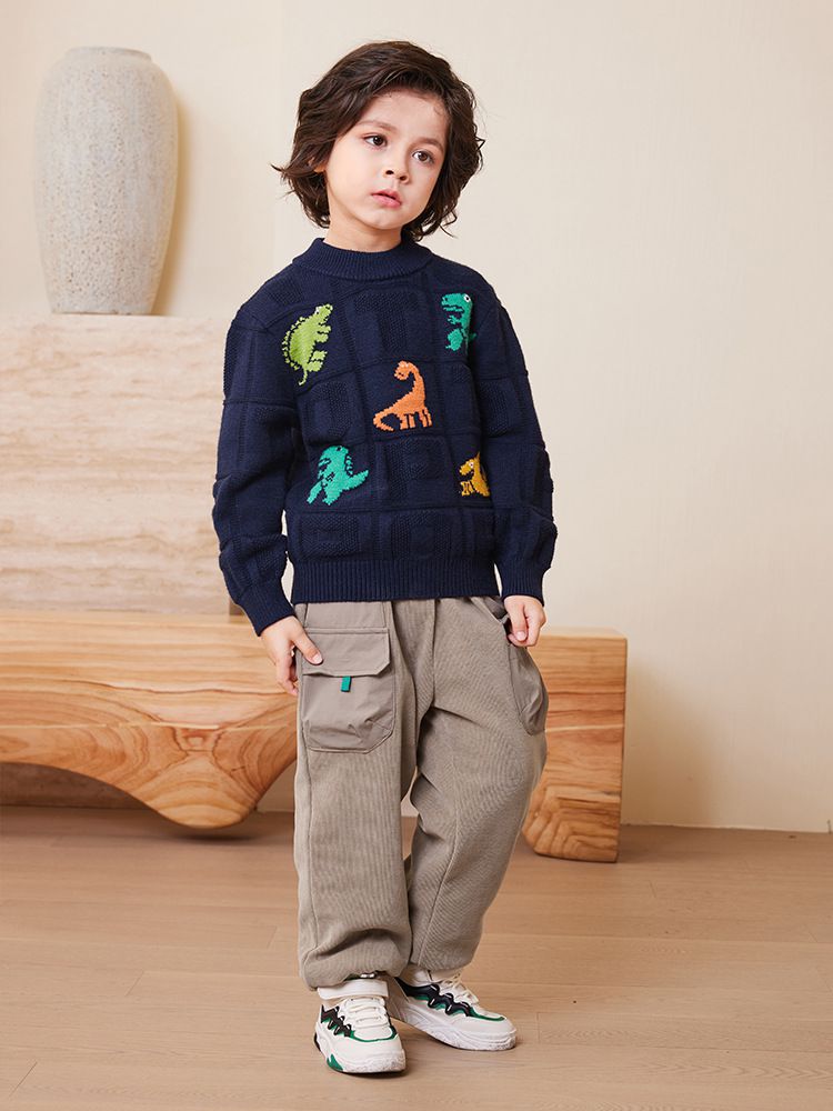 圓領保暖針織長袖上衣/毛衣-英文字恐龍-橘色