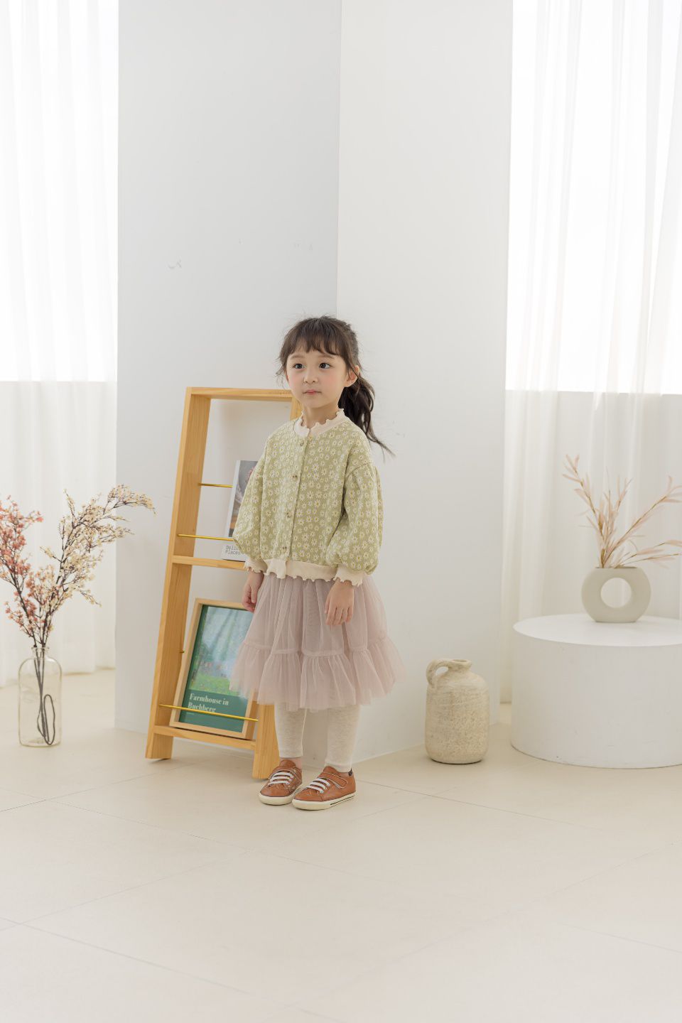 韓國 Orange Mom - 小雛菊泡泡袖針織外套-淺綠