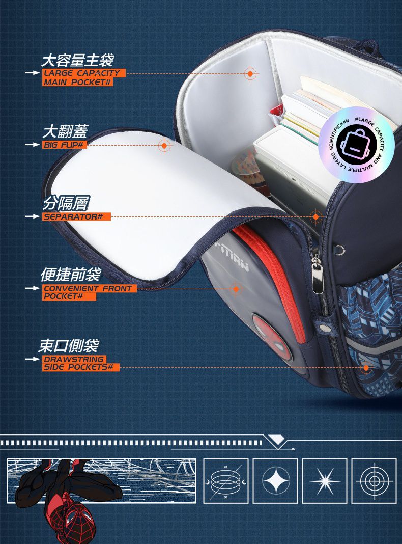 卡通大容量減壓書包-卡通人物鋼鐵人-黑色 (建議110-135cm)-30x19x37cm