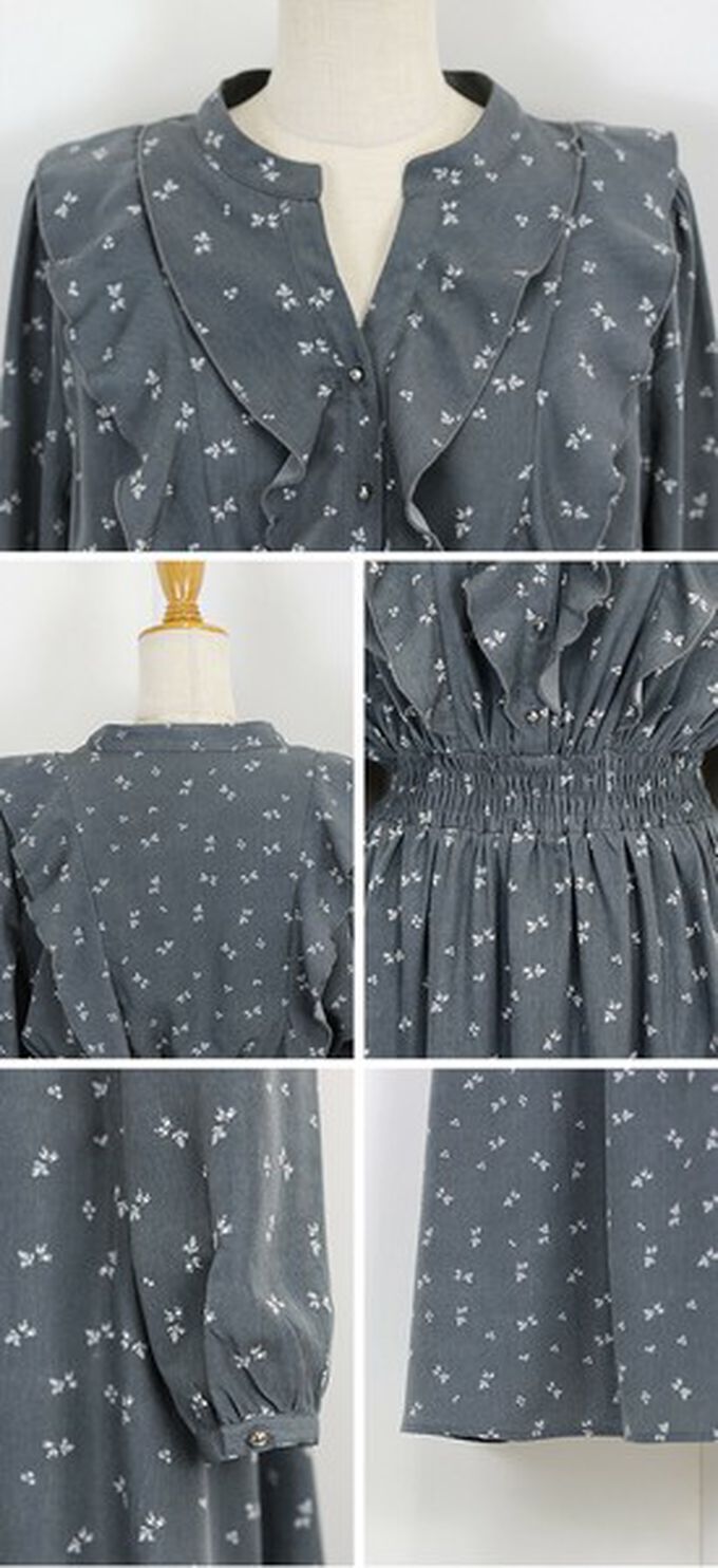 日本 BLUE EAST - 成熟摺邊典雅小花束腰長袖洋裝-黑