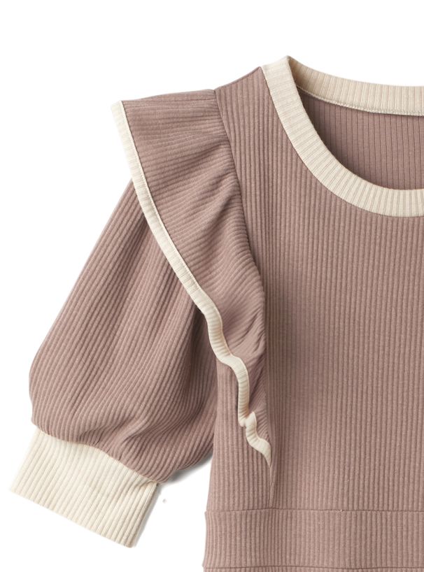 日本 GRL - 撞色荷葉滾邊修身魚尾短袖洋裝-摩卡棕