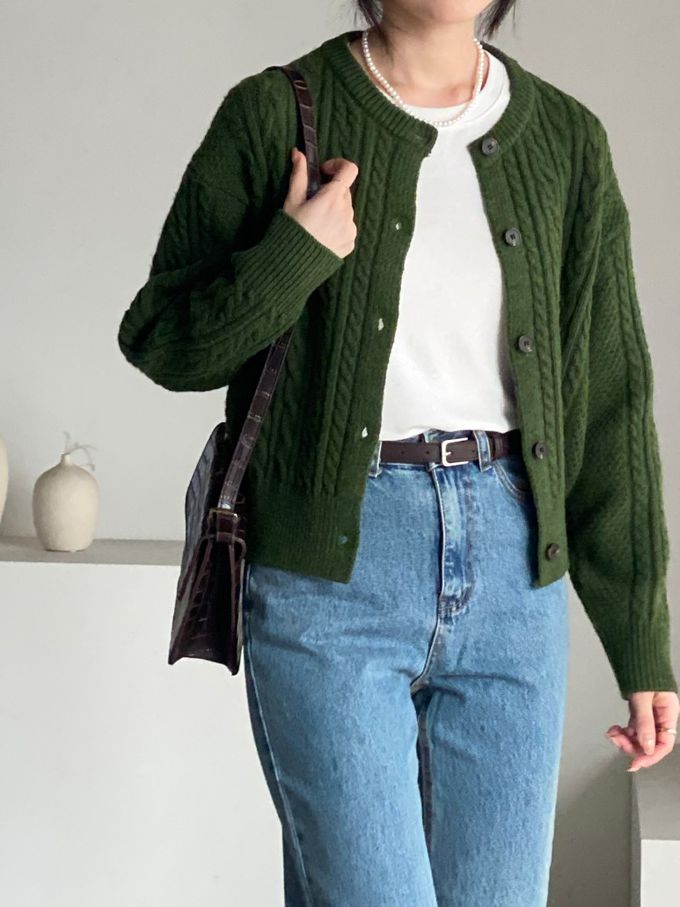 韓國女裝連線 - 麻花捲鈕扣無領針織外套-墨綠 (FREE)