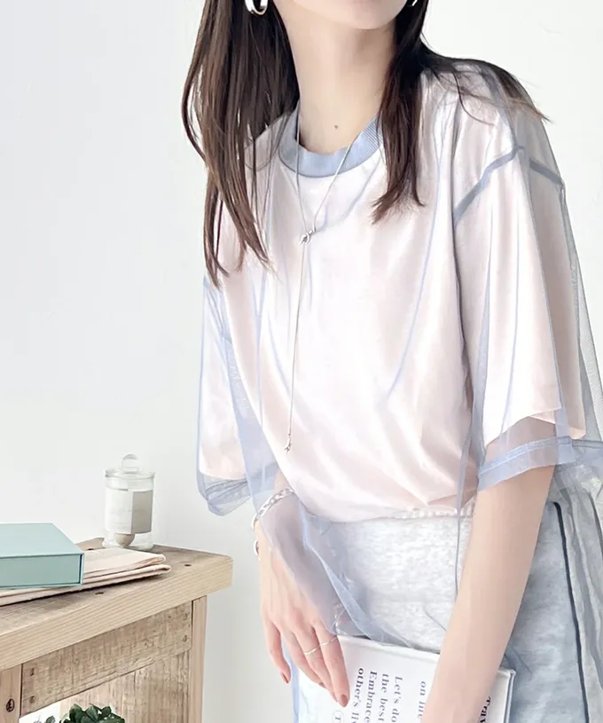 日本 Classical Elf - Java 薄紗層次酷甜五分袖上衣-淺粉x藍灰紗