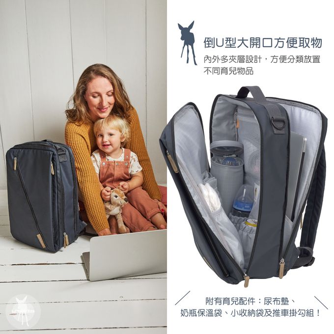 德國 Lassig - 都會機能雙層後背媽媽包-橄欖綠-含尿布墊+推車掛勾+保溫瓶收納包