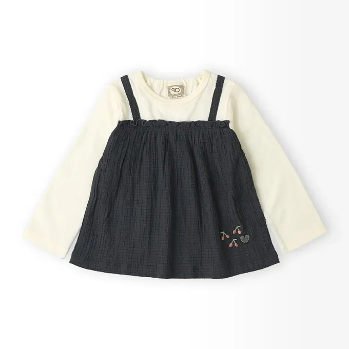 日本 ZOOLAND - 假二件典雅緹花長袖上衣-櫻桃刺繡-炭灰