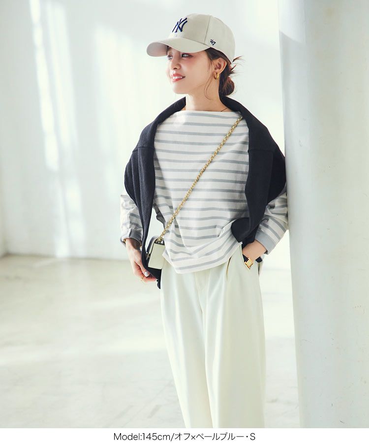 日本 Kobe Lettuce - 聯名款 船領百搭長袖上衣-條紋-白x淺灰