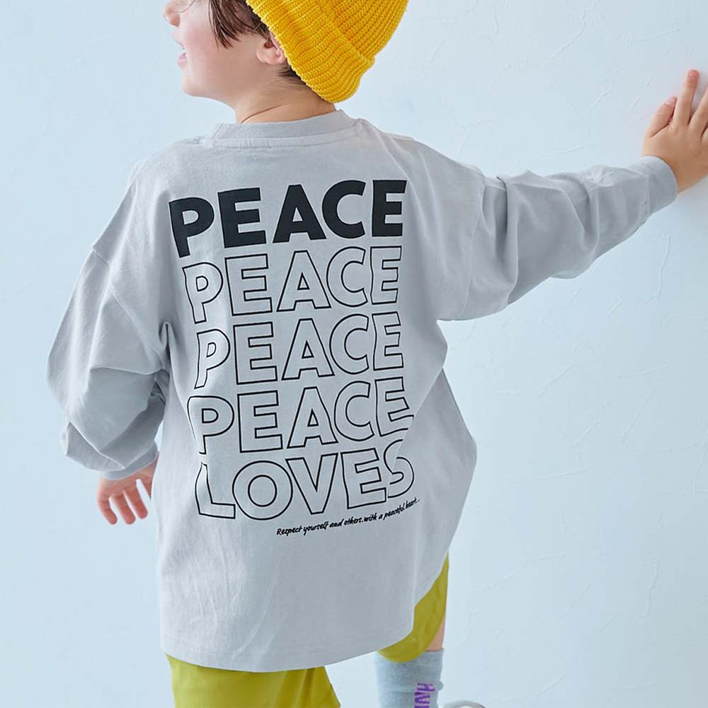 100%棉 BIG款簡約長袖上衣-PEACE-淺灰