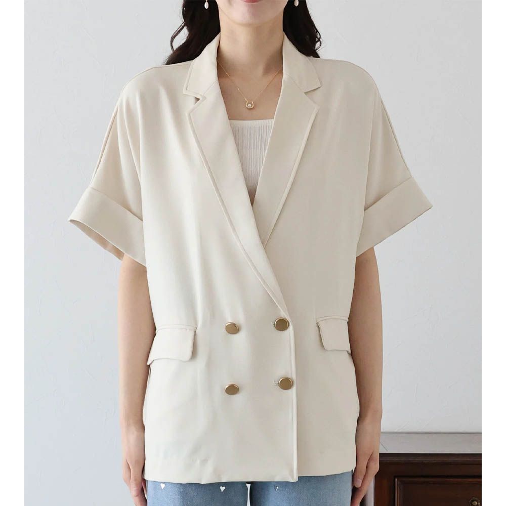 亞麻感氣質金釦短袖西裝外套-象牙白