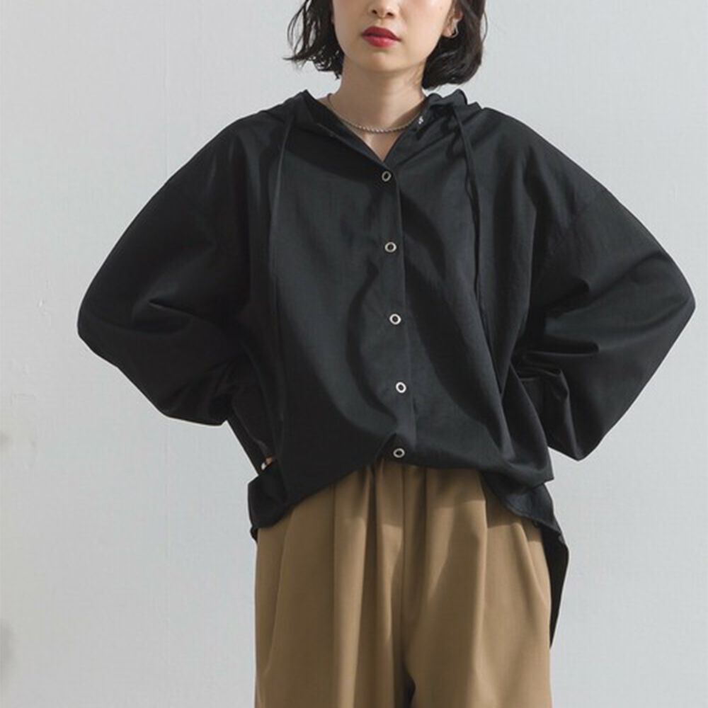 復古風磨毛寬版連帽長袖襯衫-黑