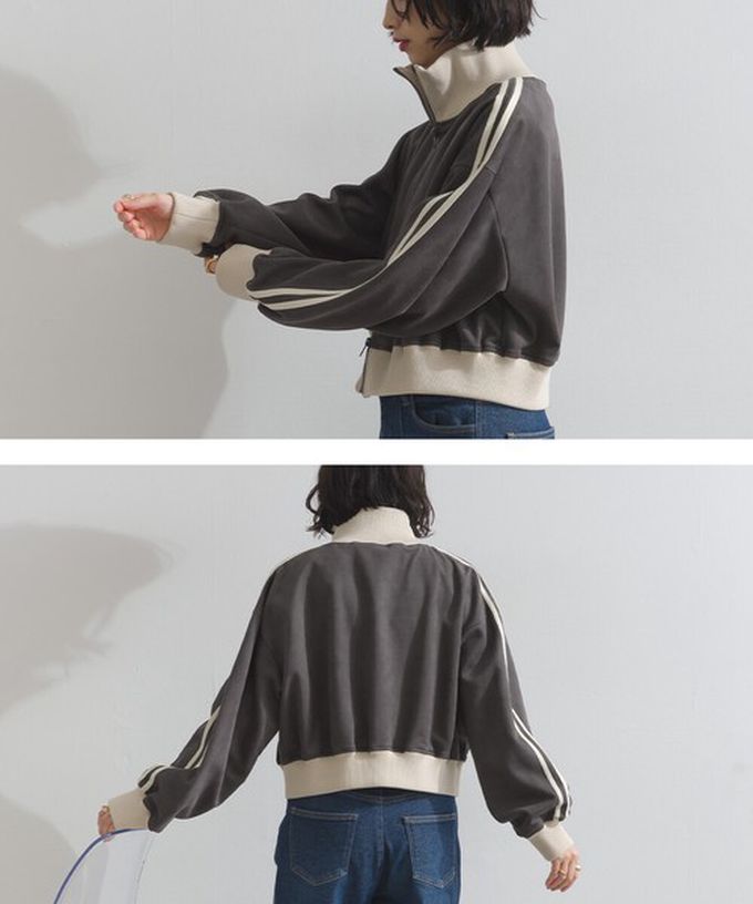 日本 ELENCARE DUE - 麂皮短絨休閒配色運動風夾克-米x炭黑領