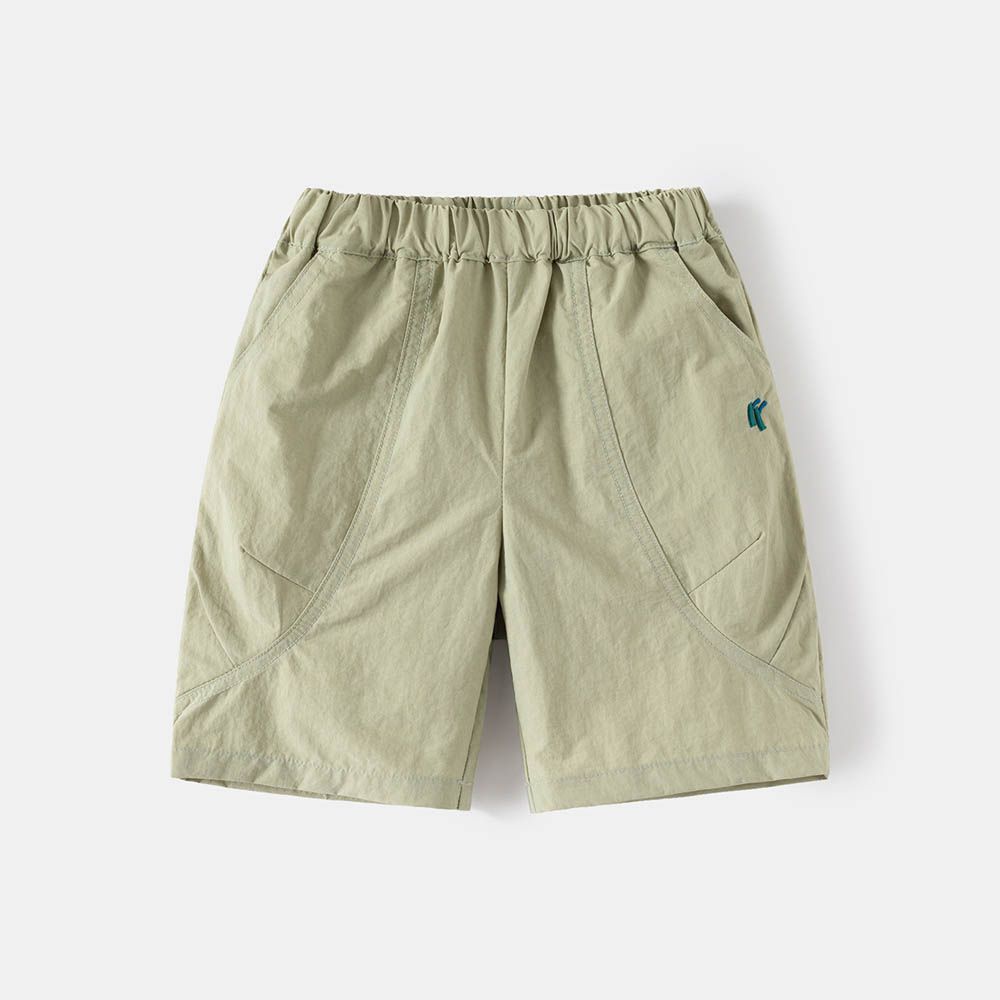 腰鬆緊休閒五分褲-刺繡字母-綠色