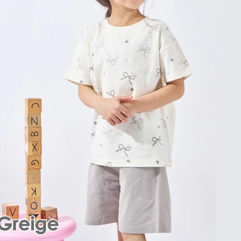 純棉甜美風短袖家居服套裝-蝴蝶結-淺棕x米白