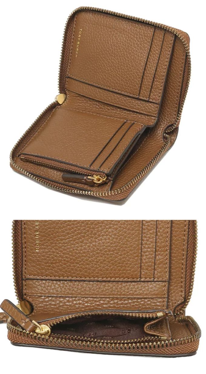 TORY BURCH - 雙T-LOGO素面扣式皮革短夾 (駝)