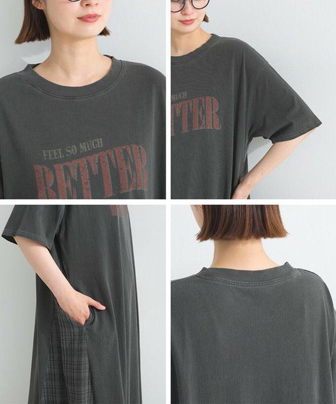 日本 Lupilien - 復古寬鬆格紋拼接短袖洋裝-BETTER-粉紅