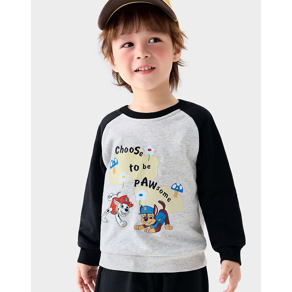 卡通汪汪隊長袖上衣/大學T-卡通人物阿奇/毛毛-拼色灰