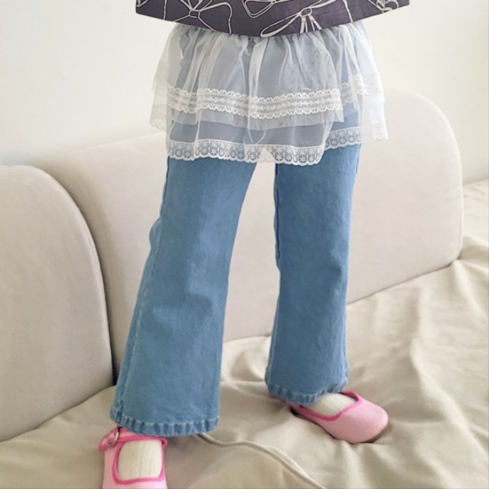 Peanuts House 鬆緊腰百搭丹寧喇叭褲-淺藍