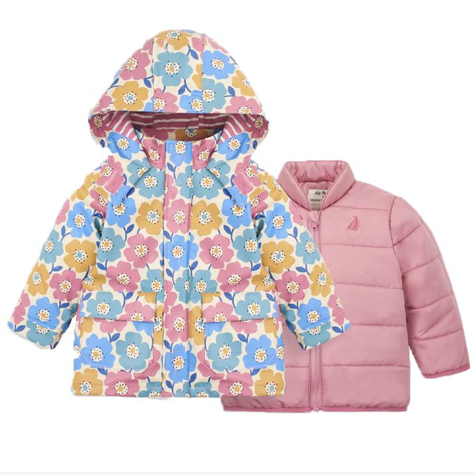英國 JoJo Maman BeBe - 三合一多功能防水保暖連帽外套-粉彩花卉
