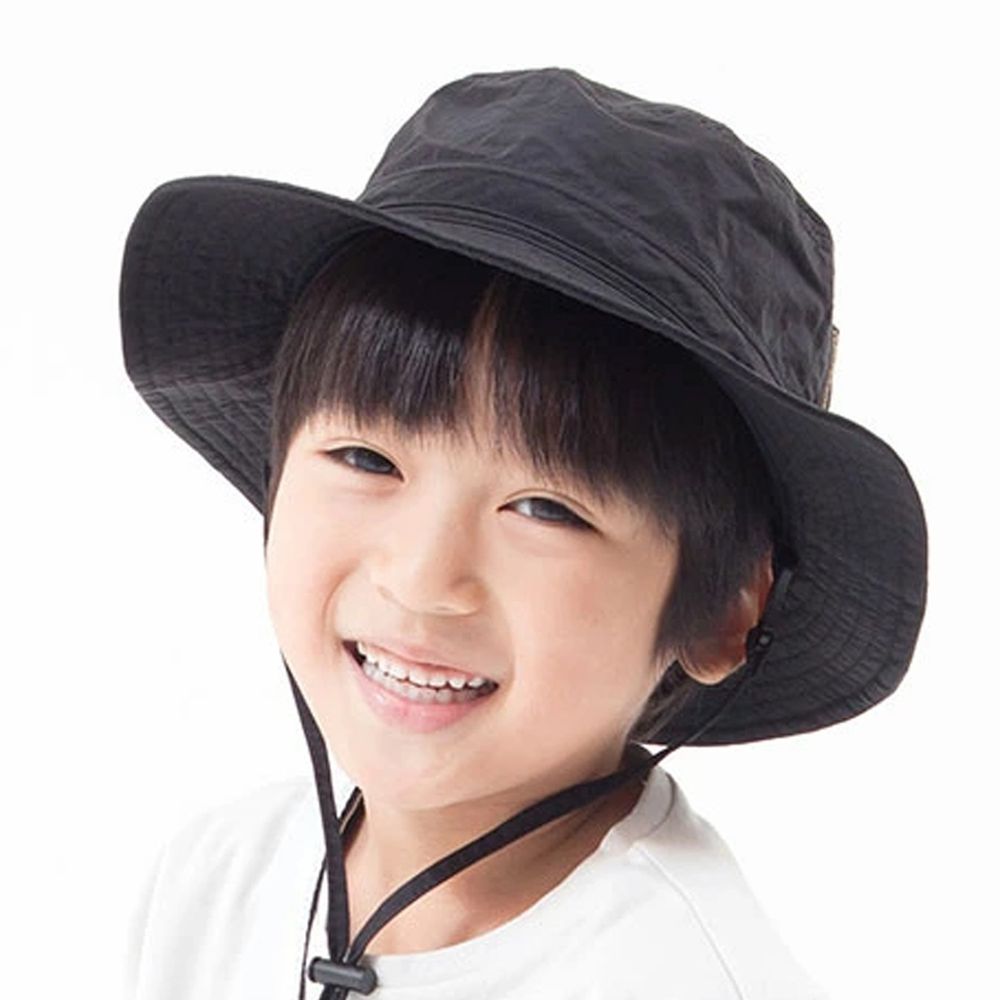 日本 irodori - 抗UV透氣遮陽帽(附防風帽帶/遮頸布)-兒童款-經典黑 (約54cm)