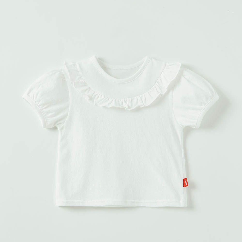 荷葉花邊裝飾泡泡袖上衣-白