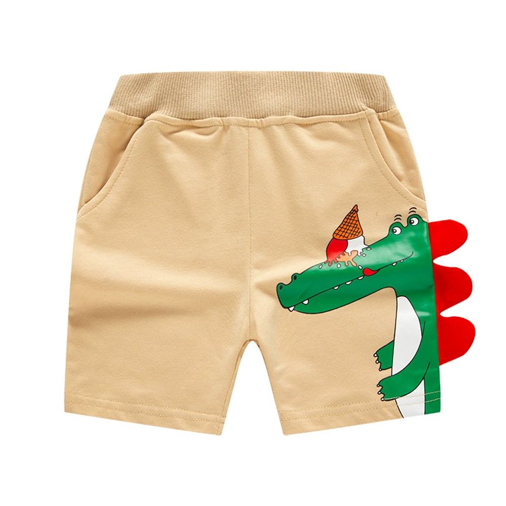 純棉立體造型休閒短褲-冰淇淋鱷魚-卡其杏