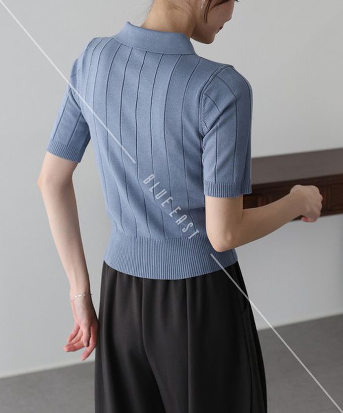 日本 BLUE EAST - 都會氣息寬羅紋針織短袖polo衫-米杏