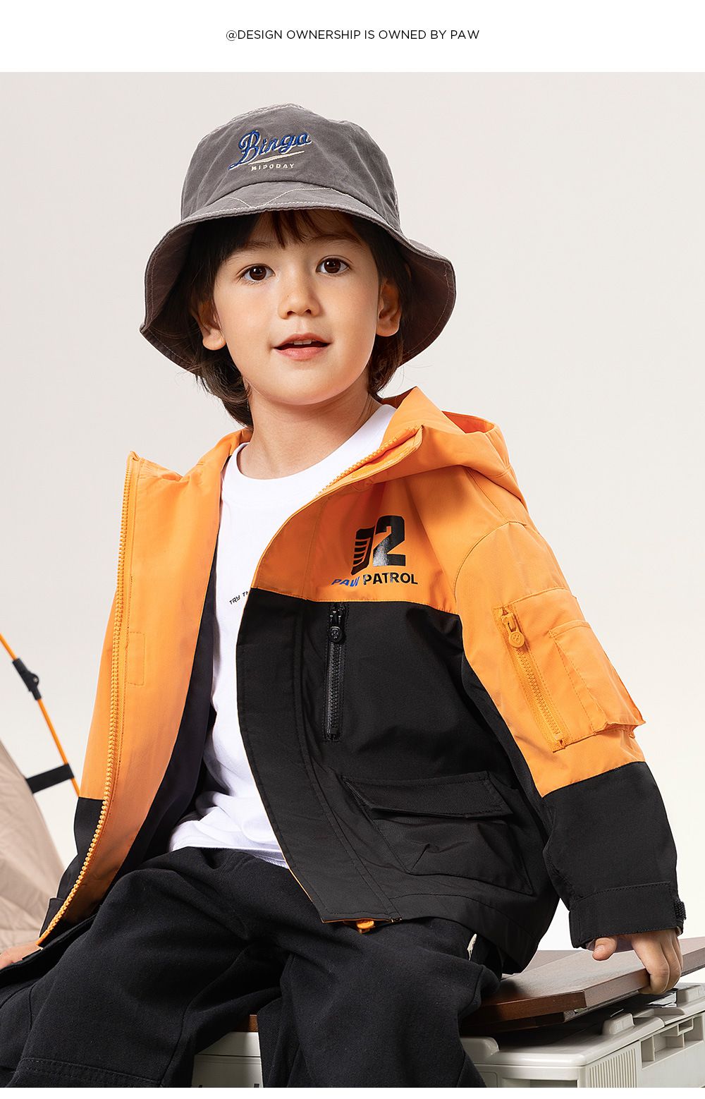 卡通汪汪隊防風防水連帽衝鋒外套-卡通人物阿奇-米白+深藍