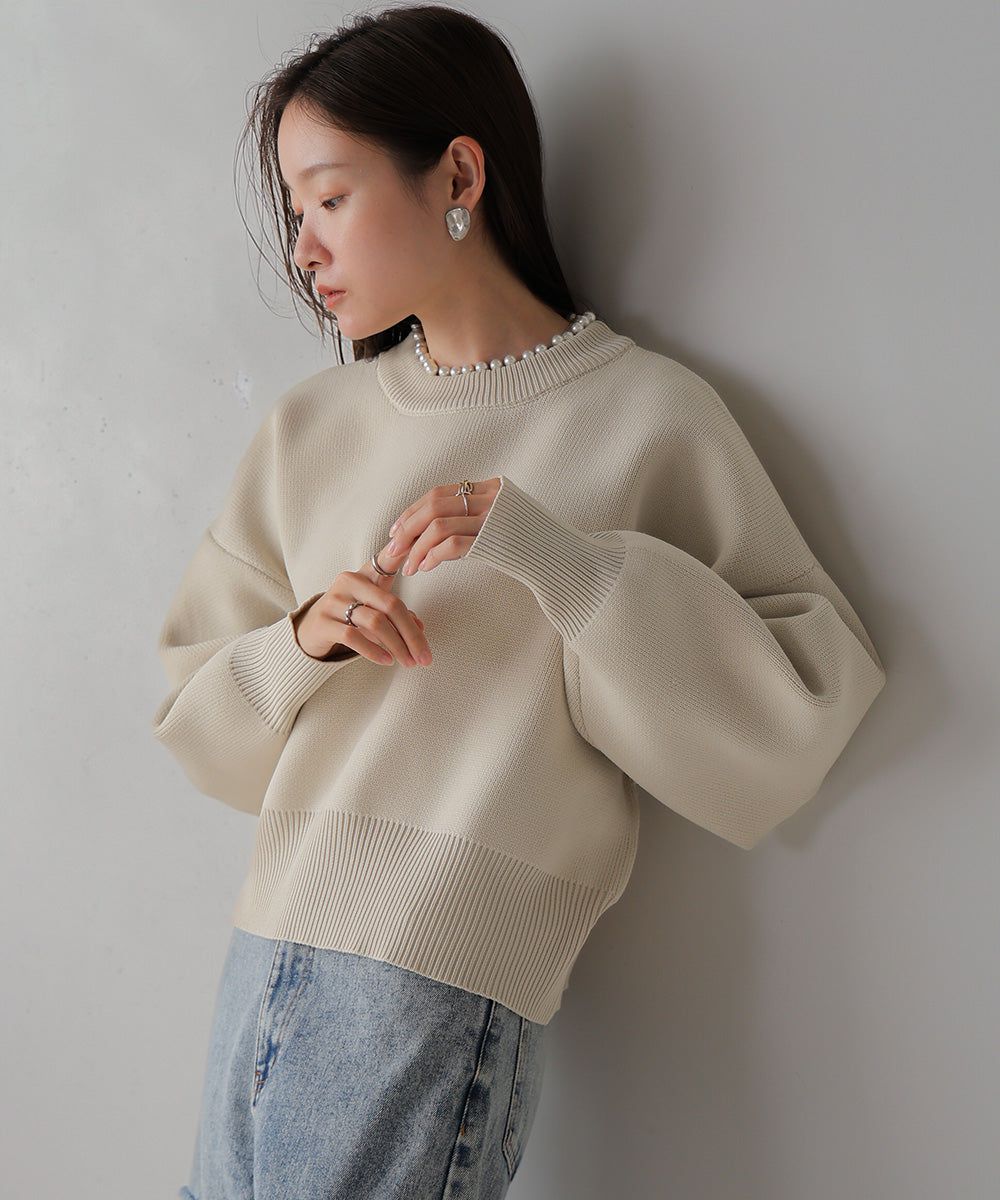 日本 Bab - 低糖珍珠領長袖針織上衣-米