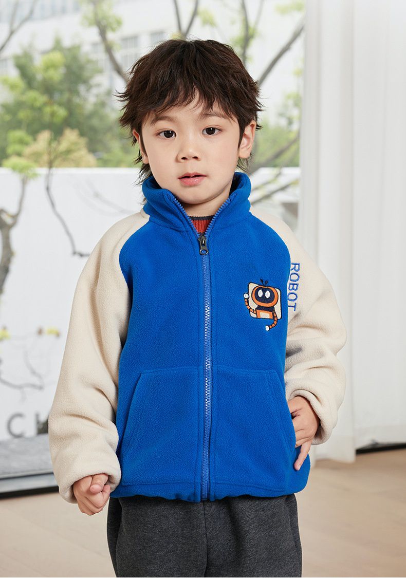 搖粒絨保暖兒童外套-小小機器人-灰色