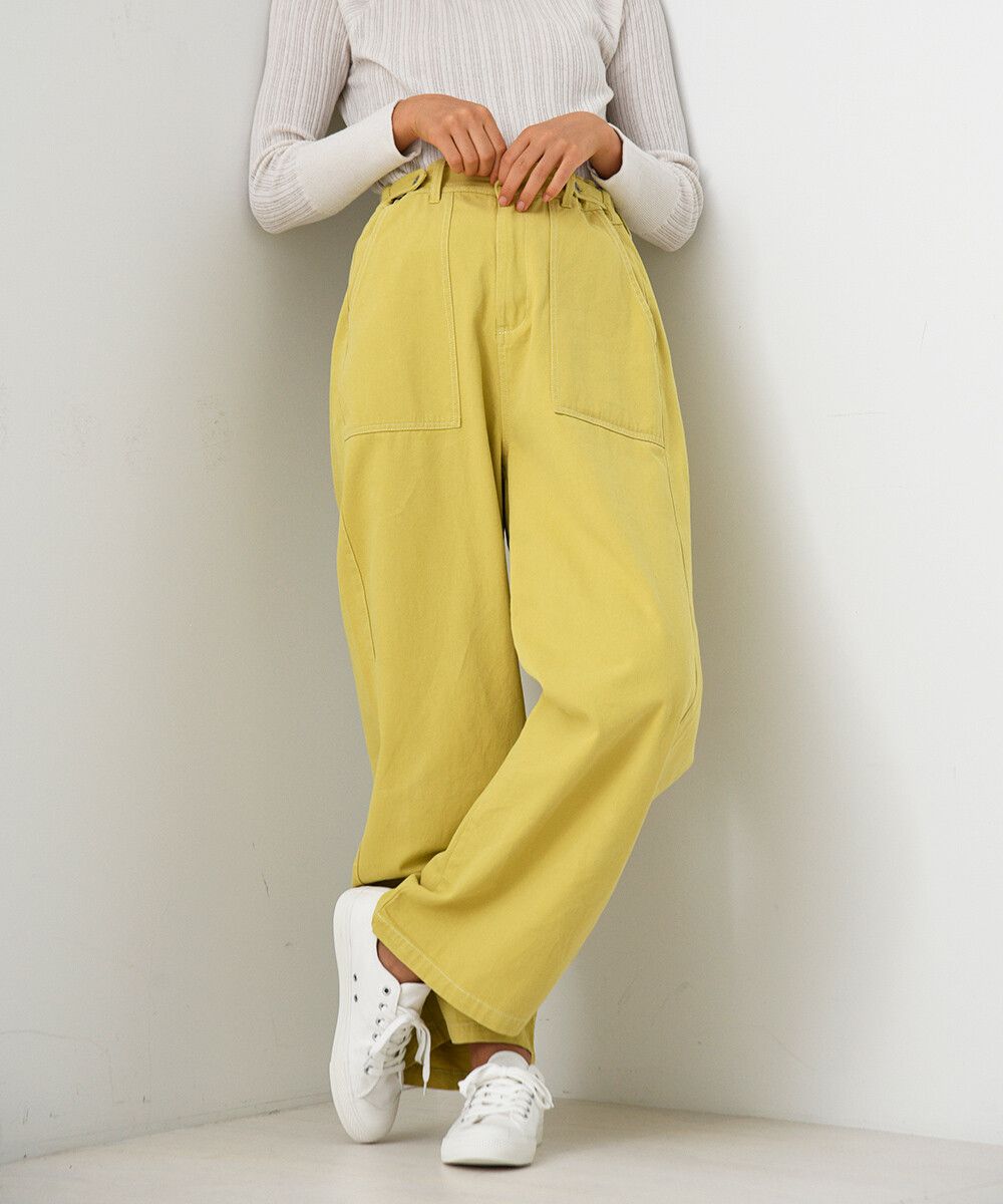 日本 Bou Jeloud - 配色線條柔軟純棉寬褲(可調腰圍)-黃