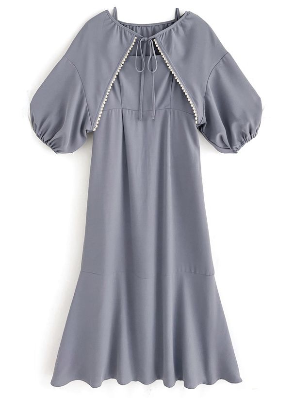 日本 GRL - 優雅蕾絲滾邊泡泡袖兩件式洋裝-煙燻藍 (F)