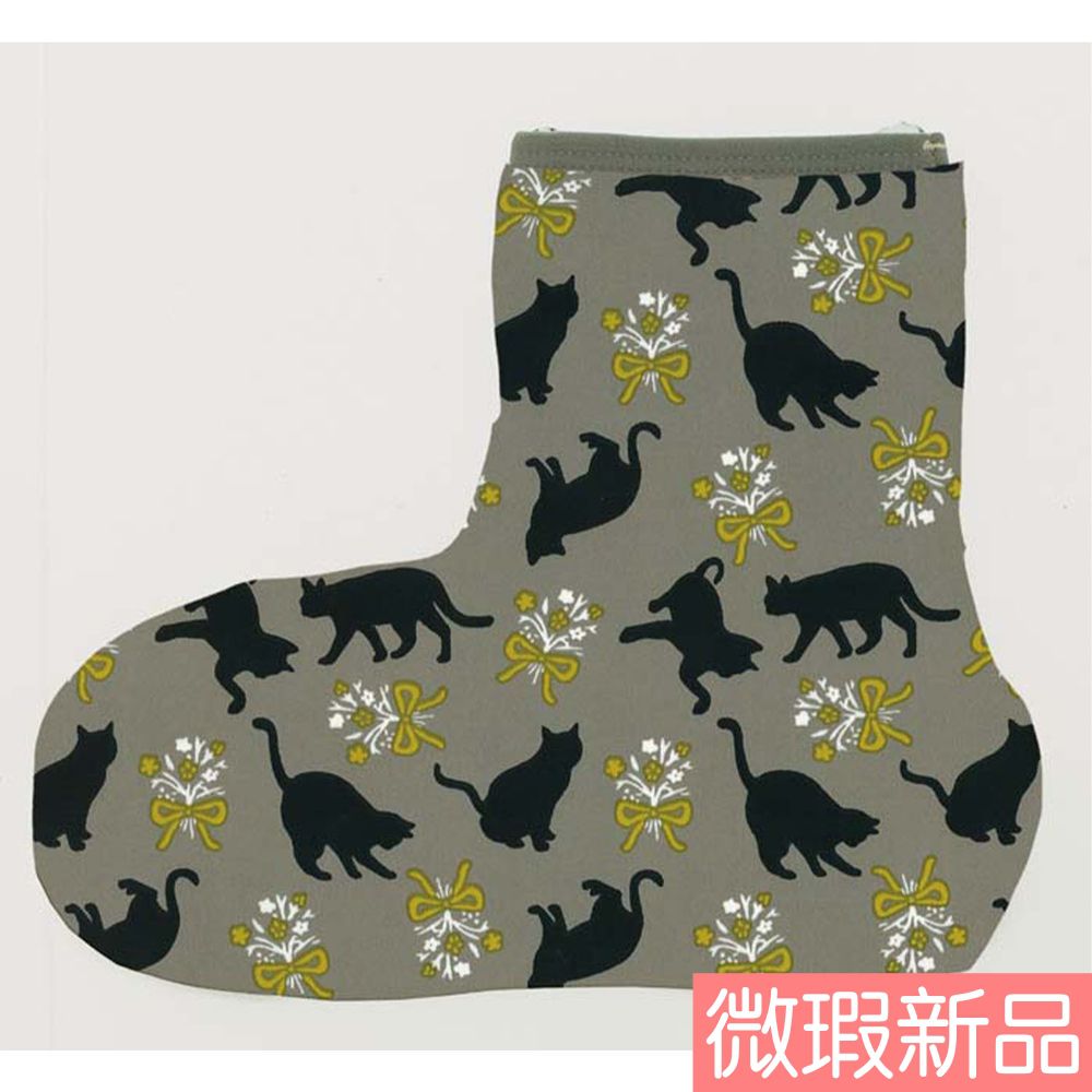 日本丸和 - [微瑕新品] 雙層機能裏起毛防滑室內襪-貓咪與花束-灰 (21-25cm)-短筒